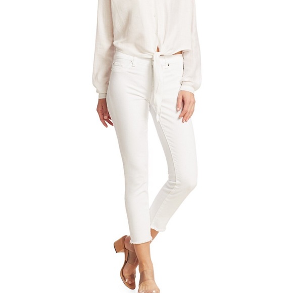 7 FOR ALL MANKIND Roxanne Mid-Rise Frayed Cigarette Jeans in White - Picture 1 of 7